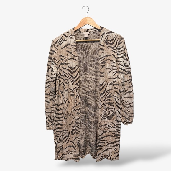 Chico’s Duster Cardigan Open Front Sweater Zebra Print Brown Tan, Size 1 (M) - Picture 1 of 8